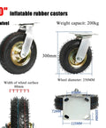 10 inch inflatable rubber trolley wheels with swivel caster design and 200kg weight capacity for heavy loads.