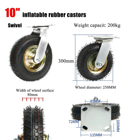 10 inch inflatable rubber trolley wheels with swivel caster design and 200kg weight capacity for heavy loads.