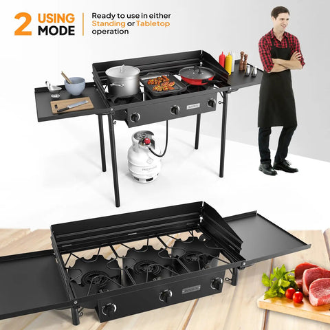 Three Burner Outdoor Propane Stove With Side Shelf And Carrying Bag 225000 BTU Gas Cooker With Wind Panel displayed on a table