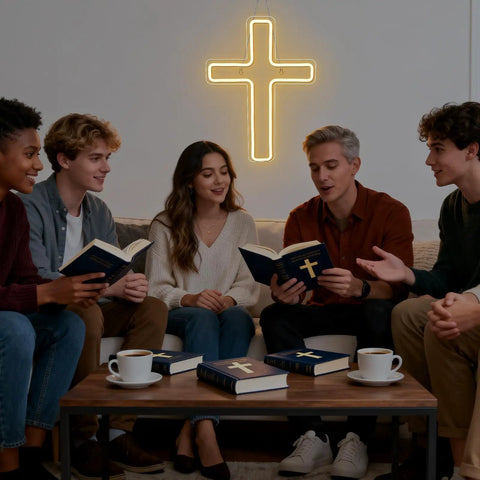 Group gathering in cozy space with lit Cross LED Neon Sign for Wall Decor USB Powered Glow Light for Bedroom and Kids Party.