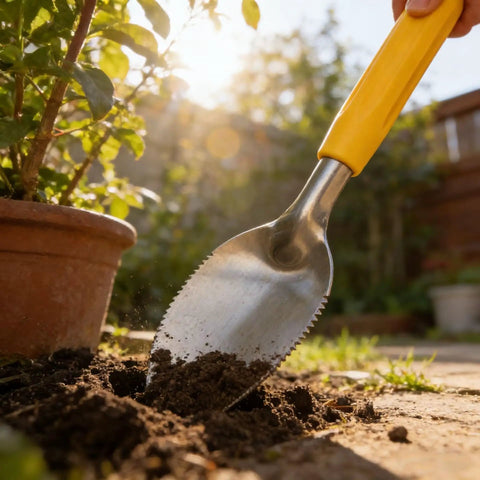 Nine Inch Serrated Edge Weeding Trowel with Stainless Steel Blade and Comfy Grip Handle digging in soil near a terracotta pot