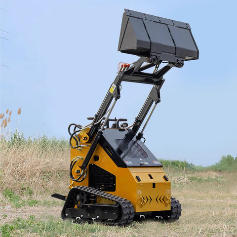 Mini Triangular Track Skid Steer Loader With 23HP Gas Engine And 46 Inch Bucket Stand On Crawler lifting bucket in a field