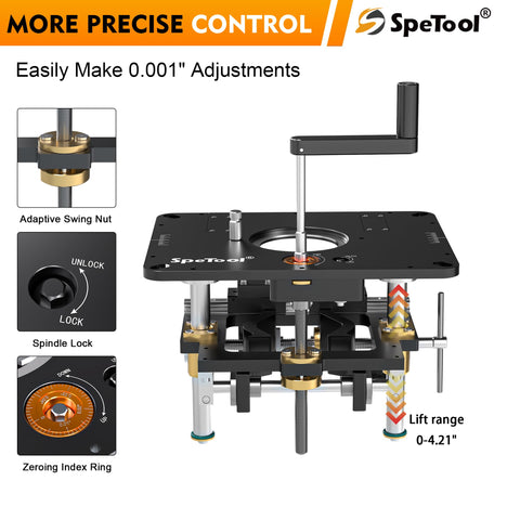 Beefy Heavy Duty Aluminum Router Lift Kit For 1.25 HP 2.25 HP And 3.25 HP Routers Pro Grade Router Table Lift System with adjustment features