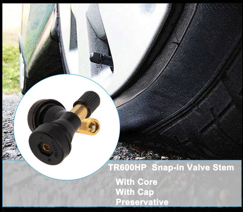 Close-up of TR600HP snap-in tire valve stem with brass core, black rubber body, and cap