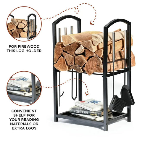 Two Tier Firewood Rack for Indoor Outdoor Use with Fireplace Tools Set Including Brush Shovel Poker Tongs Waterproof Steel Log Holder in Black Wrought Iron Look Easy Organization by the Hearth 17x12x29 with firewood and books