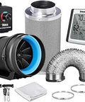 8 Inch Inline Fan 500 CFM With Speed Controller Carbon Filter 25 Feet Ducting Free Pre Filter Temperature Humidity Monitor For Grow Tent Ventilation Black components displayed