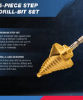 NEIKO 5-piece step drill-bit set; titanium-coated gold unibits for metal and wood, front view.
