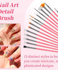 15 pink detail brushes from 25 Piece Nail Art Tools Set With Brushes Stand Dotting Tools Striping Pens Jelly Glue Tweezers