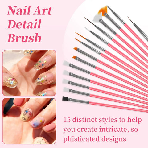 15 pink detail brushes from 25 Piece Nail Art Tools Set With Brushes Stand Dotting Tools Striping Pens Jelly Glue Tweezers