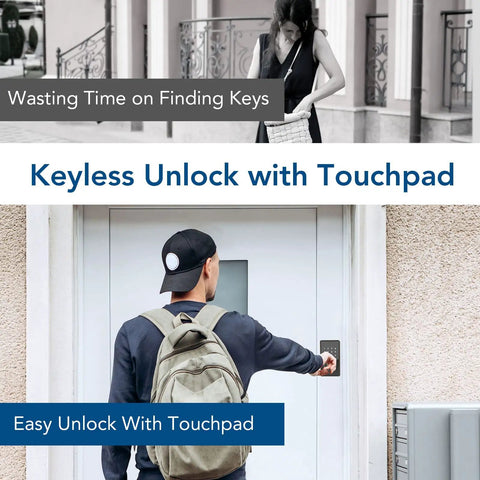 Man using WiFi Keyless Entry Smart Lock With Touchscreen Keypad on front door, Ideal For Airbnb And Home Security.