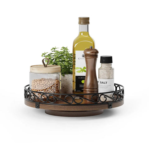 9 Inch Lazy Susan Turntable Organizer For Tabletop And Cabinet Round Rustic Wooden Tray with condiments and decor items