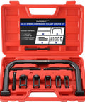 Heavy Duty Overhead Valve Spring Compressor C Clamp Service Kit in red case with rods and adapters for ATVs and engines.
