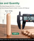 150 Pcs Wood Dowels Kit 5/16 x 1-1/2 Inch Fluted Dowel Pins shown with measurement tool.