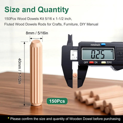150 Pcs Wood Dowels Kit 5/16 x 1-1/2 Inch Fluted Dowel Pins shown with measurement tool.