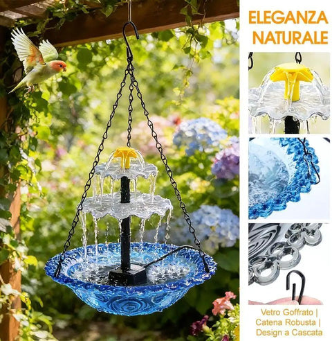 Solar Cascade Hanging Bird Bath Fountain With Solar Pump And Bowl installed in garden, shows durable blue finish and cascading design