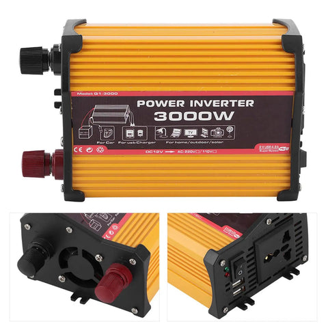 Road Ready Car Power Inverter Handles 12V DC Straight To 110V AC With Dual USB Fast Charging smooth modified sine wave for RVs, trucks, and home gear, featuring 3000W capacity and durable aluminum shell.