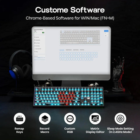 Full Size Wireless Gaming Keyboard With Massive 10000 Mah Battery And Smart Dot Matrix Display RGB Backlit showing custom software on a monitor.