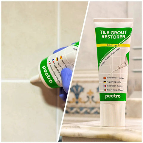 White Tile Grout Repair XL Odorless Fast Drying Grout Filler tube and application in bathroom context
