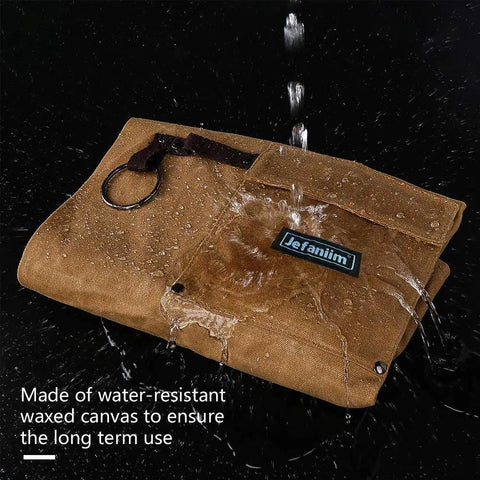 Heavy Duty Waxed Canvas Apron For Woodworking With Pockets And Cross Back Straps, water pouring on folded apron