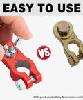 Comparison of red color coded battery terminal clamp with quick release and anti corrosion felt washers next to a standard clamp