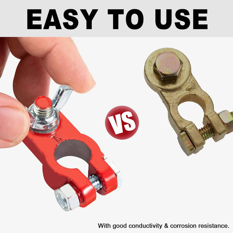 Comparison of red color coded battery terminal clamp with quick release and anti corrosion felt washers next to a standard clamp