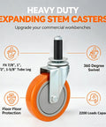 5 Inch Heavy Duty Expanding Stem Swivel Caster Wheels with orange vinyl wheel, 2200 pound load capacity, designed for workbench upgrades.