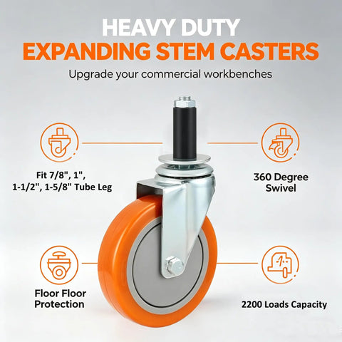 5 Inch Heavy Duty Expanding Stem Swivel Caster Wheels with orange vinyl wheel, 2200 pound load capacity, designed for workbench upgrades.