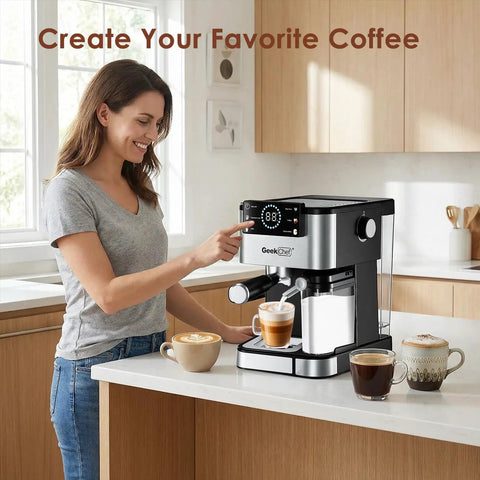 Home Barista Espresso Machine With 20 Bar Pressure And Integrated Milk Frother For Silky Cappuccino on kitchen counter.
