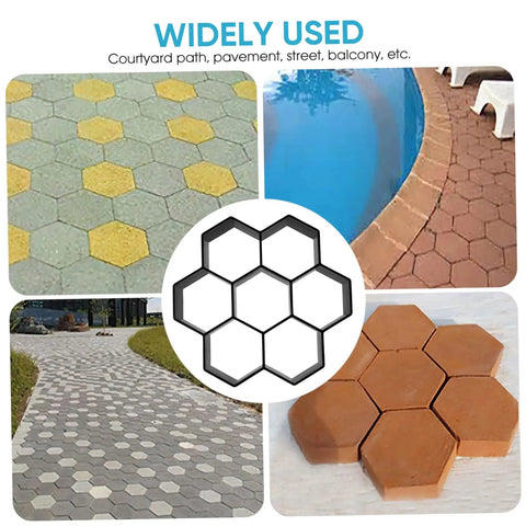 Hexagon Concrete Paver Mold for DIY Garden Paths and Patios 11.4 by 11 by 1.7 inch Reusable Plastic Floor Tile Mold Durable for Outdoor Walkways and Patio Projects shown in various installations.