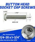 Top Shelf Button Head Socket Cap Screws 1/4-20 X 1-3/4 Inch Full Thread with dimensions, hex drive for motorcycle builds.