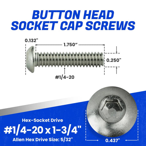 Top Shelf Button Head Socket Cap Screws 1/4-20 X 1-3/4 Inch Full Thread with dimensions, hex drive for motorcycle builds.