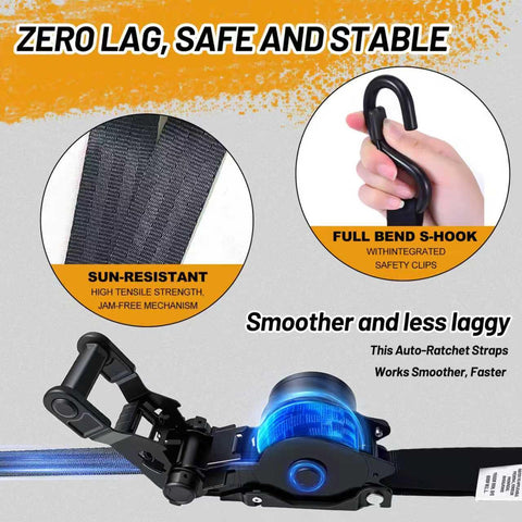 Heavy Duty Auto Retracting Tie Down Straps With Soft Loops, 1 Inch By 12 Feet, 1800 Pound Load Capacity, showing S-hook and mechanism