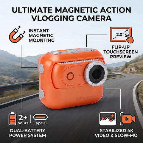 4K Magnetic Action Camera With 48MP Sensor Dual Battery System 2.0 Inch Flip Touch Screen EIS Stabilization 200fps Slow Motion App