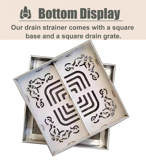 Big Ass Square Stainless Steel Trench Drain Grate With Base Heavy Duty Indoor Outdoor Drain Cover For Bathroom Deck Shower Yard Catch Basin Insert Waterproof Perforated Strainer 23 6 In Wide showing square drain strainer and base design.