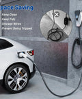 EV Charger Holder for SAE J1772 Cords mounted to wall, organizing charging cord in garage for easy access and space saving.