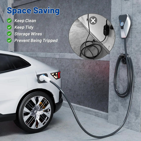 EV Charger Holder for SAE J1772 Cords mounted to wall, organizing charging cord in garage for easy access and space saving.