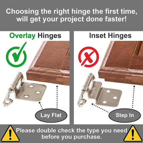 Diagram showing difference between overlay hinges and inset hinges on cabinet doors for Brushed Nickel Cabinet Hinges Self Closing Half Inch Overlay