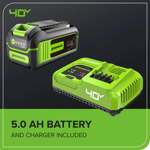 5Ah battery and rapid charger for Heavy Duty 40V Cordless String Trimmer With Brushless Motor Variable Speed And 17 Inch Cutter.