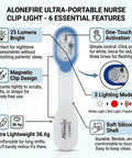 Clip-On LED Nurse Light With Magnetic Clip For Scrubs And ID Badges Hands-Free Night Shift Illumination Bright Portable Clip-On Light For Medical Staff Walk Run Or Emergency Coverage All Day, featuring 25 lumens, one-touch activation, magnetic clip, lightweight design, and 3 lighting modes.