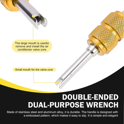 Close-up of a dual-ended wrench from the 16 Piece Air Conditioning Valve Core Kit For R12 And R134a Systems showing tool details.