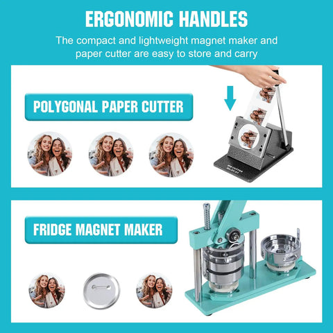 Photo Magnet And Badge Maker Kit with Press, Cutter, and 100 Magnetic Badge Sets showing ergonomic handles