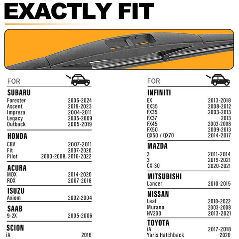 Compatibility chart for Subaru 14 Inch Rear Wiper Blade Replacement For Forester Outback Impreza Tribeca Ascent And Honda CRV Fit Acura MDX RDX OE Quality Exact Fit Easy Install Rear Wiper Blade