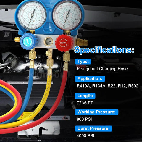 Three Piece Six Foot AC Manifold Hose Kit For R410A R134A R404A R22 With One Quarter SAE Female Flare, Four Layer Vacuum Hoses, Eight Hundred PSI Working Pressure, Pro Grade Heavy Duty Air Conditioning Charging Kit. AC manifold hose set with gauges and 72 in hoses