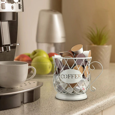 White Wire K Cup Storage Organizer For 35 Pods Space Saving Coffee Pod Holder on kitchen counter near coffee machine