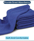 Stack of blue cotton towels labeled '90 Pack Blue Cotton Shop Towels 14 By 12 Inches Reusable Rags For Auto Garage Industrial And Home Cleaning'