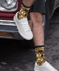 Person wearing Clockwork Gearhead Engineer Crew Socks For Men And Women with brass cogs, alongside white sneakers.
