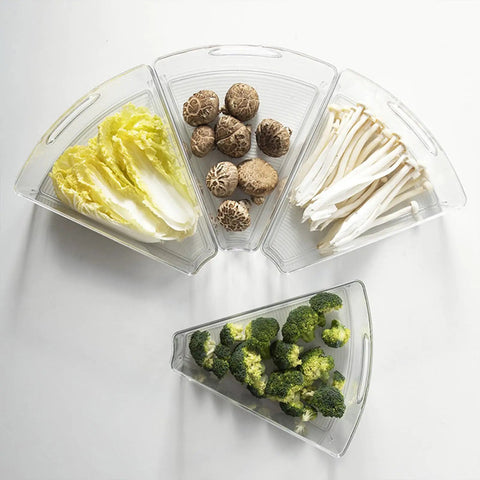 Top Shelf Lazy Susan Corner Cabinet Bins 8 Pack Clear Heavy Duty Plastic Wedge Storage Trays With Rugged Handles Bpa Free Kitchen Pantry Organizer For Spices And Fresh Groceries filled with vegetables.