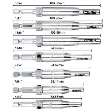 Eight-piece AFUNTA center drill bit set for hinges; self-centering bits with sizes 5/64, 7/64, 9/64, 11/64, 13/64, 5 mm, 1/4 in.