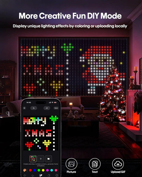 Color Changing LED Curtain Lights With Remote And App Control for Bedroom and Living Room, Christmas DIY mode displayed.