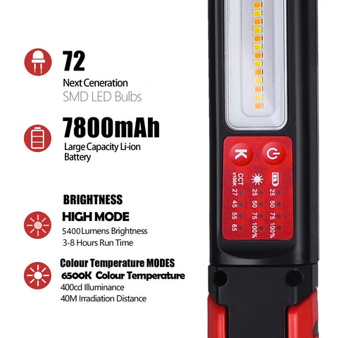Dual Color Temperature LED Work Light With Magnetic Underhood Mount Cordless Rechargeable Mechanic Lamp With Hooks Portable Garage Lighting 1600 Lumen Output 4 Brightness Levels 2700K-6500K